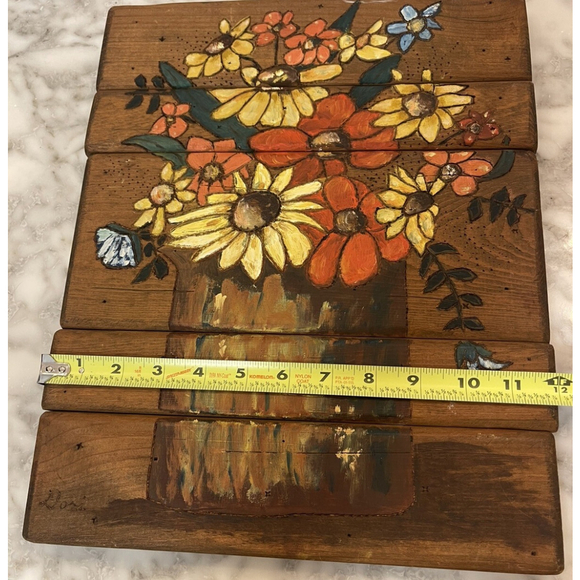 Carved Wood Floral Handmade Folk Art Painting, Mod, Bohemian Signed - Picture 8 of 10